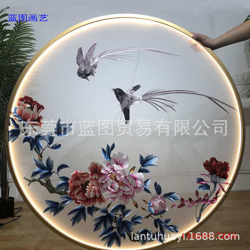 圆形发光框双面苏湘机器刺绣半透明纱布画心屏风隔断玄关宝贵牡丹