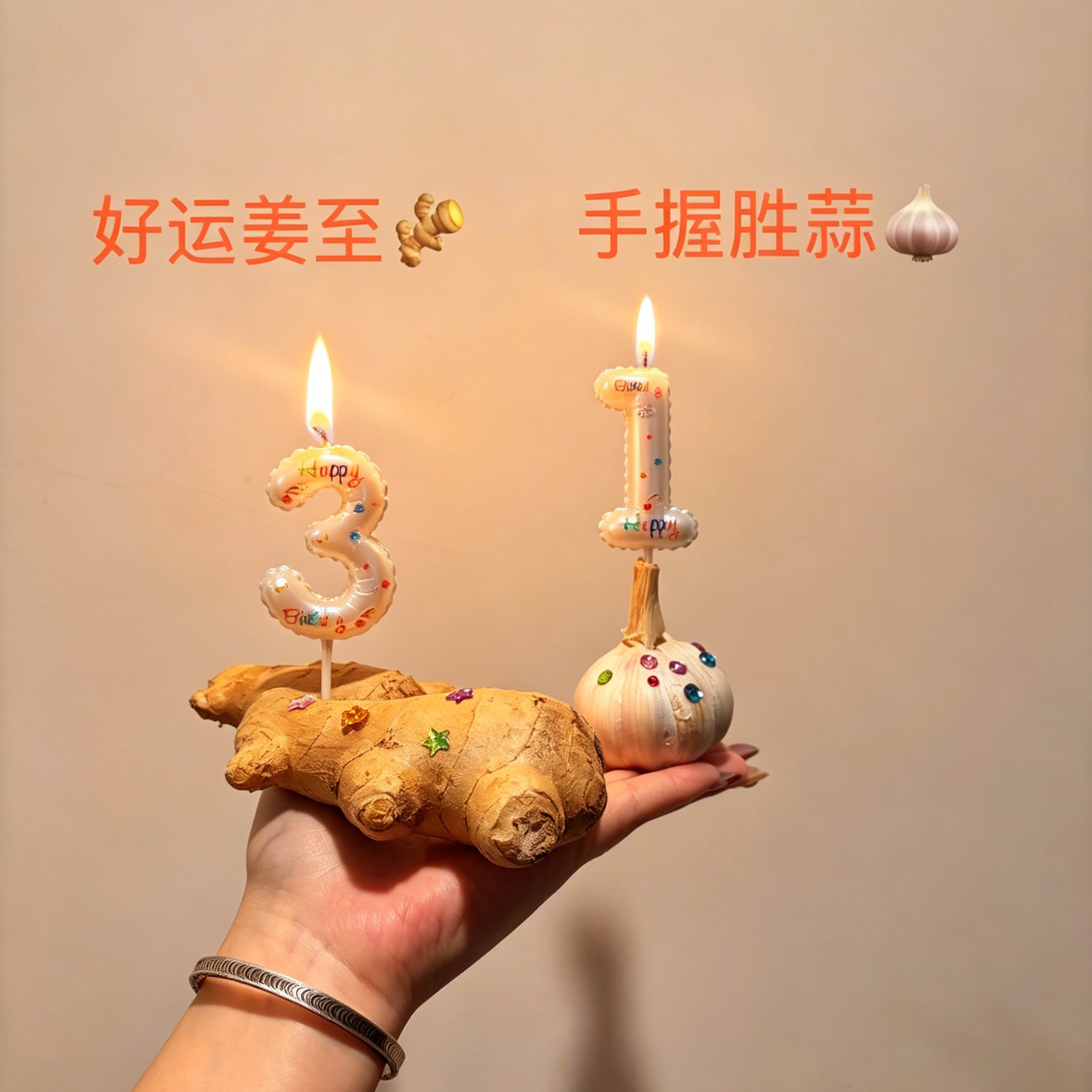手握胜蒜蜡烛钻石贴纸大蒜大姜生日蛋糕插件胜蒜装饰许愿拍照道具