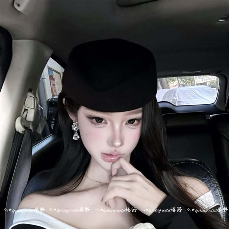 复古赫本风黑色平顶小礼帽女法式优雅辣妹贝雷帽高级感制服空姐帽