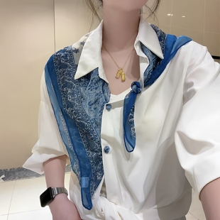 【国庆出游搭配巧思】法式蓝花丝巾搭配衬衫新款氛围领巾印花披肩