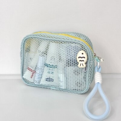 蓝色网布手提收纳袋大容量幼儿园学生宿舍化妆品口红洗漱旅行可携