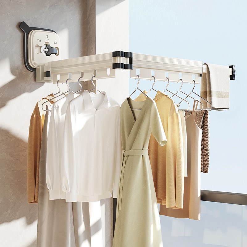 吸盘折叠晾衣架阳台隐形伸缩晾C衣杆室内家用挂衣架飘窗晒衣架