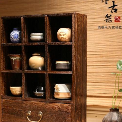 烧桐木九宫格博古架 实木多宝阁 古董架置物架茶道收纳摆件展示柜