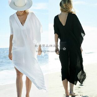 海边度假沙滩裙黑白纯色雪纺比基尼泳衣防晒罩衫 外套宽松罩衣长裙