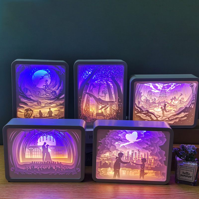 光影纸雕灯镂空雕花3d灯剪纸小夜灯叠影L恋人旅行海贼王生日快乐