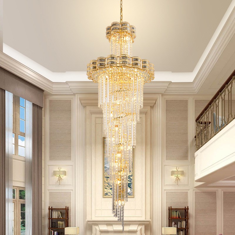 现代简约复式楼客厅大吊灯奢w华大气欧式中空别墅水晶楼梯灯长吊