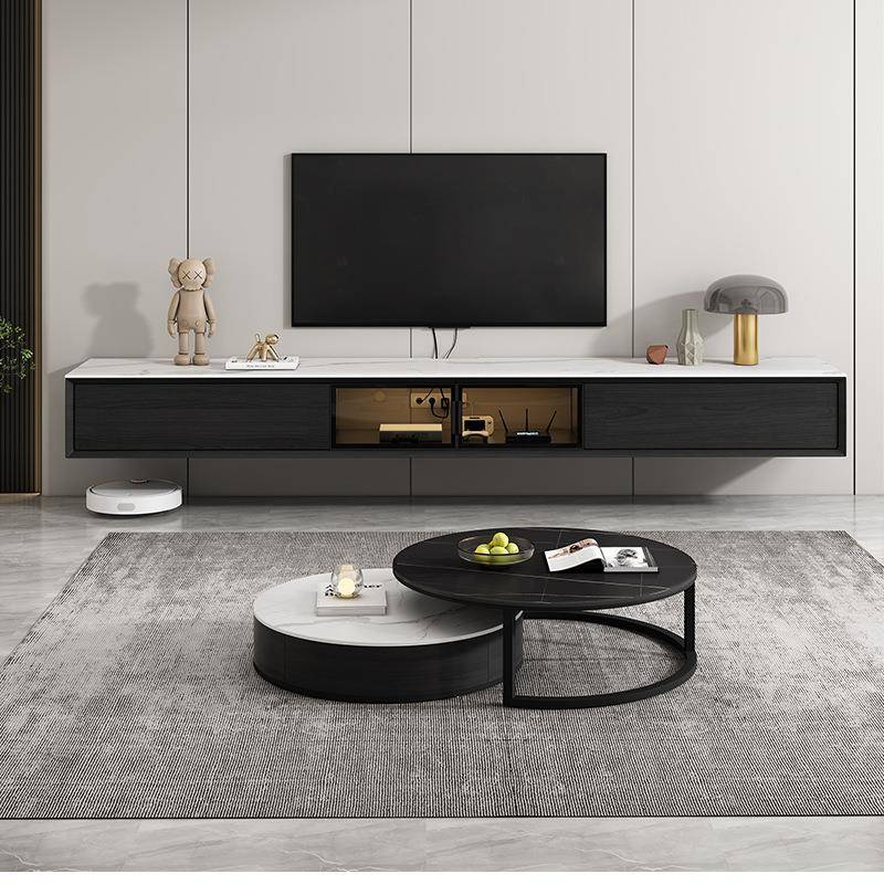 意式轻奢实木圆形岩板茶几简约大小户型悬空壁挂式一体电视柜组合