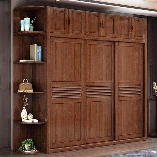 实木推拉门衣柜家用卧室简约现代胡桃木柜子中式原木储物大衣橱