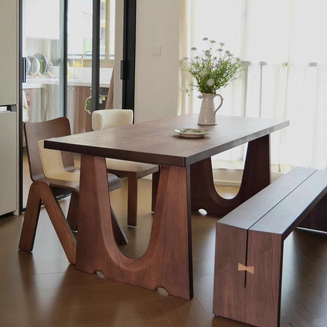 中古风全实木餐桌现代简约小户型长方形饭桌意式轻奢胡桃木书桌