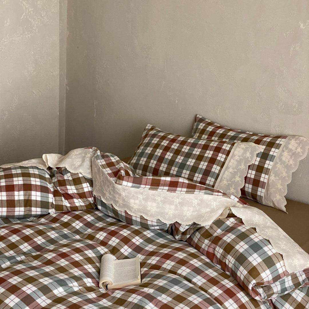 法式少女60支双层纱四件套白色花边全棉被套复古格子四季可用