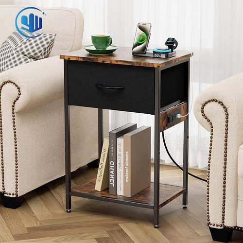 边桌带抽屉和储物架带充电站卧室床头柜客厅茶几沙发边几书房角几
