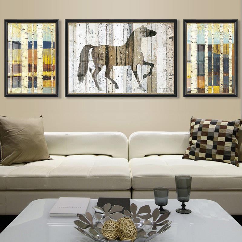 美式乡村客厅组合三联壁画沙发墙横版现代挂画骏马玄关书房画