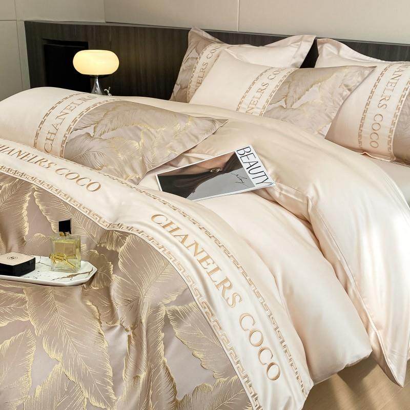 100支长绒棉提花四件套纯棉刺绣被套床单全棉床笠轻奢高级感4件套