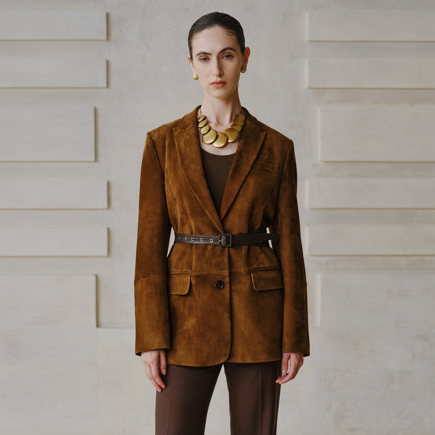 VERTOW深棕色羊皮反绒西装外套