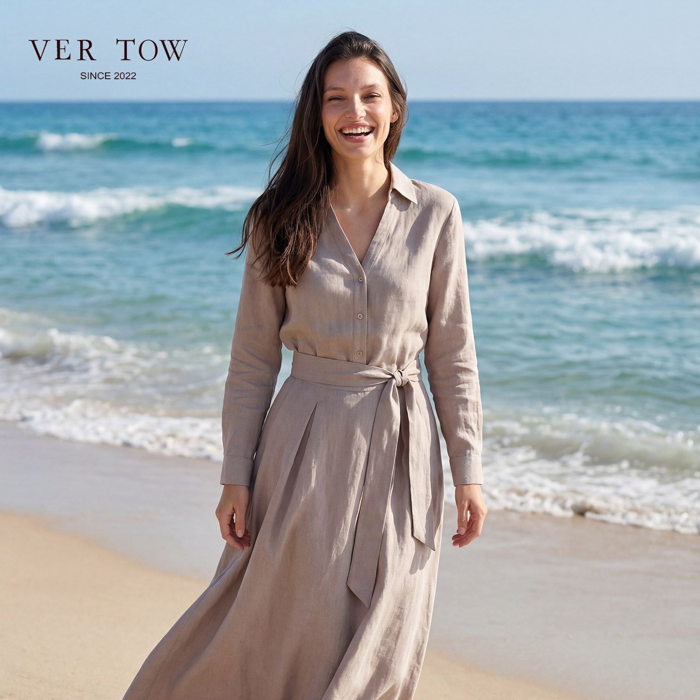 VER TOW2026春夏高级感亚麻天丝套装 V领宽松版衬衫 系带长半身裙