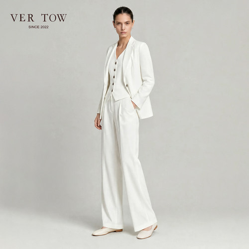 VERTOW白色棉麻西装三件套