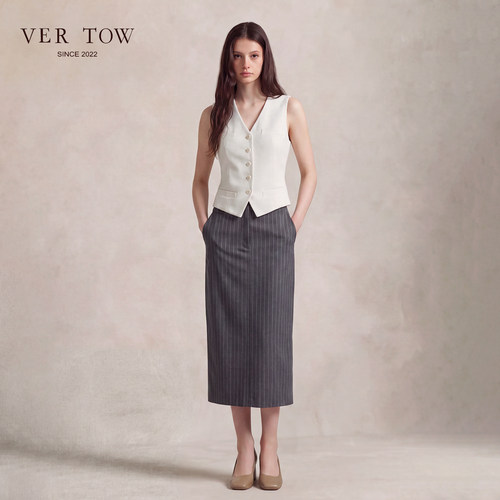 VERTOW100%羊毛竖纹显瘦半裙