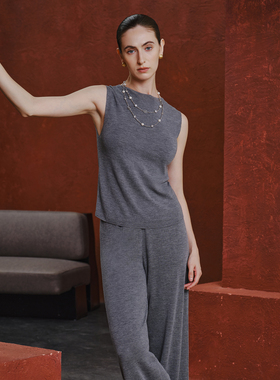 VER TOW浅灰色扬子纱针织套装 100%羊毛高级感休闲无袖上衣直筒裤