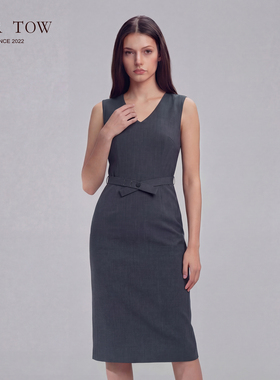 VER TOW2026春收腰系带高级感通勤连衣裙 轻奢羊毛无袖开叉背心裙