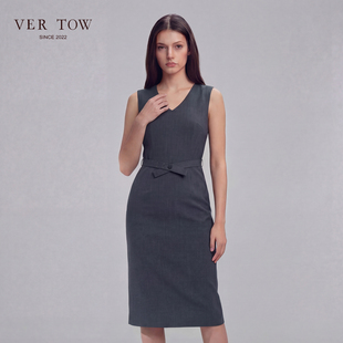 VER TOW2026春收腰系带高级感通勤连衣裙 轻奢羊毛无袖开叉背心裙