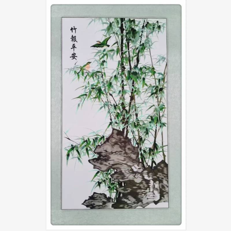苏绣机绣装饰画成品孔雀图苏州刺绣玄关画事事如意客厅画竹报平安图片