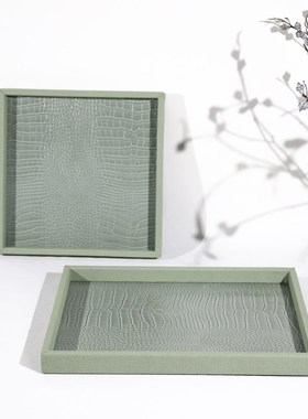 寻境饰界轻奢绿色皮革马毛装饰托盘样板房卧室茶几香薰首饰收纳盘