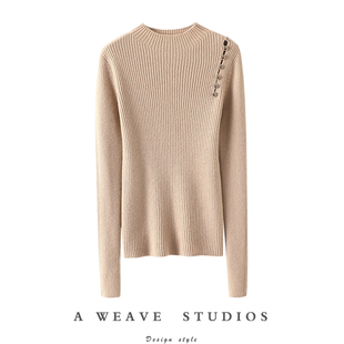 秋冬 女纯羊绒毛衣针织打底衫 气质离不开它 肩部排扣半高领羊绒衫