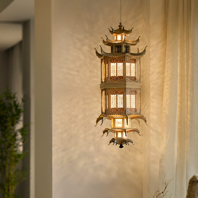 新中式吊灯古建筑模型酒店橱窗大堂售楼处禅意中国风茶室复古灯具