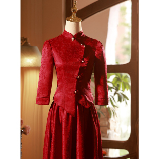 回门 高级感酒红色订婚礼服连衣裙套装 中式 旗袍敬酒服新娘2025新款