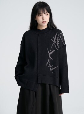 陆与山屿国风竹子中式半高领黑色内搭毛衣秋冬慵懒风女士上衣外套