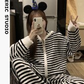 黑白条纹连帽休闲家居服套装 加厚半边绒睡衣女202r4新款 冬季 可外