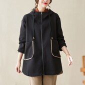 时尚 2024秋装 文艺气质宽松连帽休闲撞色空气棉中长款 风衣外套女