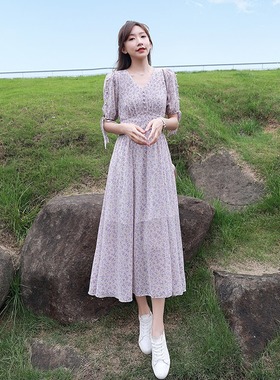 紫色碎花雪纺连衣裙女2023年新款夏季收腰显瘦仙女气质v领a字裙子