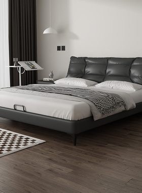 2023新款真皮床轻奢现代简约双人主卧室高端大气网V红黑色软包婚