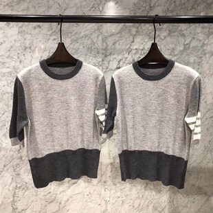21TB灰色拼色圆领针织短袖四条杠短袖显瘦舒适羊绒空调衫女款上衣