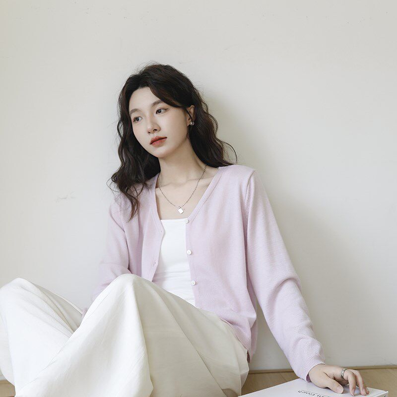 粉紫色V领针织开衫女2025新款夏季薄款防晒外搭空调衫短款上衣潮