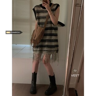复古流苏针织背心女早秋镂空中长款连衣裙条纹无袖马甲叠穿上衣外