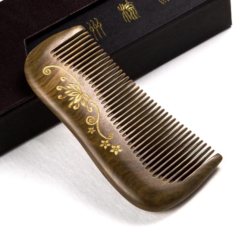 延陵常州梳篦 雕刻烫金U槽整料绿檀木梳子 礼物 送女友送妹妹