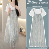 中长款 孕妇连衣裙夏季 短袖 圆领薄款 女 宽松显瘦拼接假两件2025新款