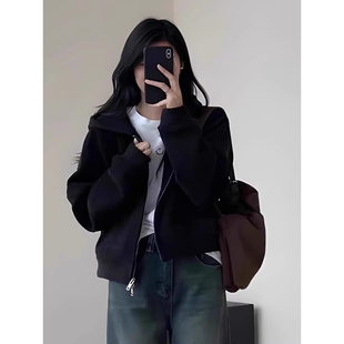 黑色短款连帽卫衣外套女开衫休闲小个子百搭2024新款拉链春秋上衣