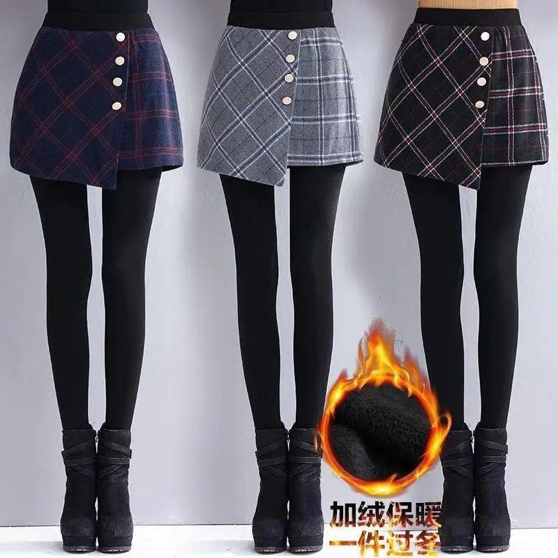 秋冬加绒加厚假两件打底裤女外穿踩脚袜裤保暖包臀裙裤一体连裤裙