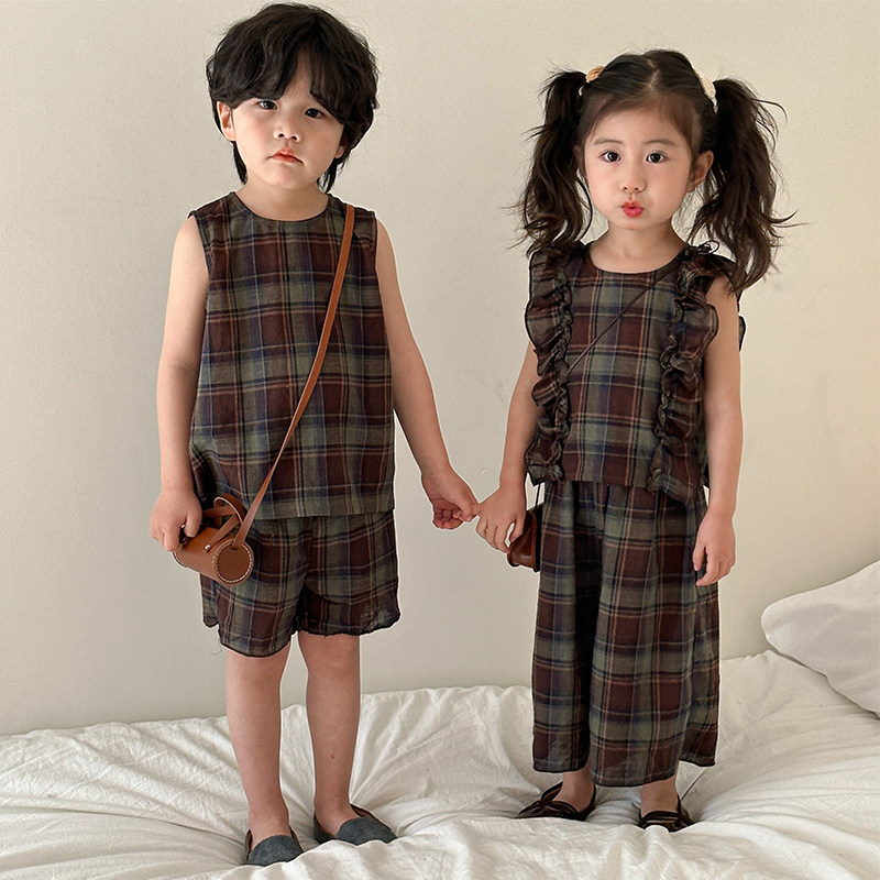 儿童夏季套装宝宝2025新款男童背心夏装休闲女童阔腿裤姐弟兄妹装