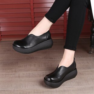 松糕鞋 圆头春新款 妈妈鞋 浅口单鞋 手工皮鞋 9853软底厚底单鞋