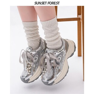 落日森林珍珠链条钻扣蕾丝老爹鞋女2024春季新款芭蕾运动鞋休闲鞋