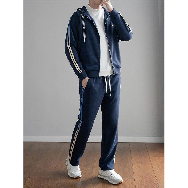秋季高端侧条纹织带长袖开衫卫衣两件套男士连帽外套运动休闲套装,男装,休闲运动套装,淘宝优惠券,粉丝福利购,淘宝优惠卷