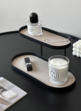 北欧轻奢铁艺皮革双层收纳盘化妆品置物架首饰托盘玄关收纳摆件