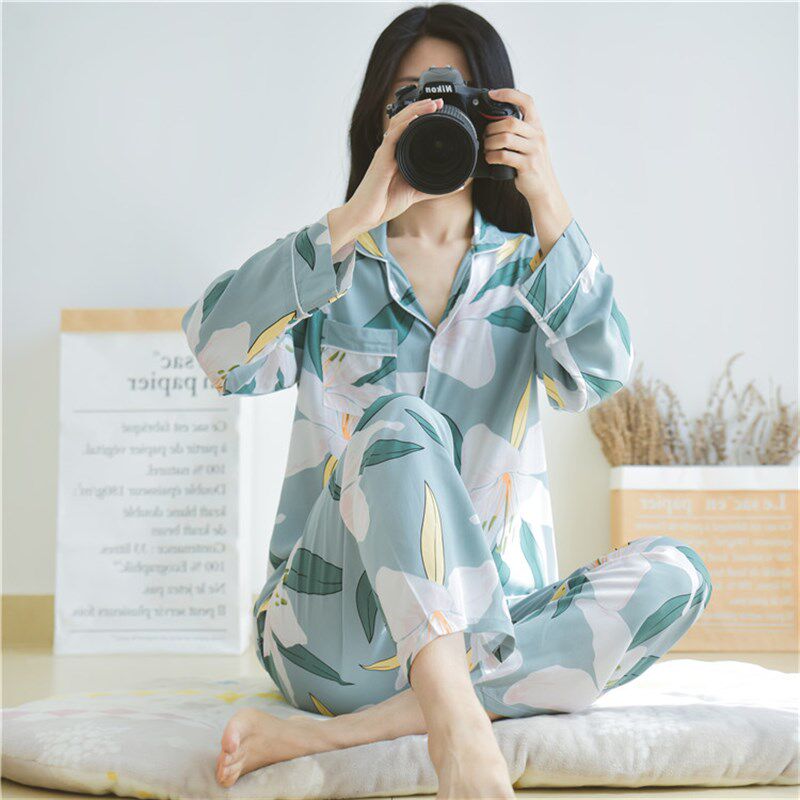 绵绸睡衣长袖长裤女夏 薄款人棉居家套装 秋季人造棉家居服两件套