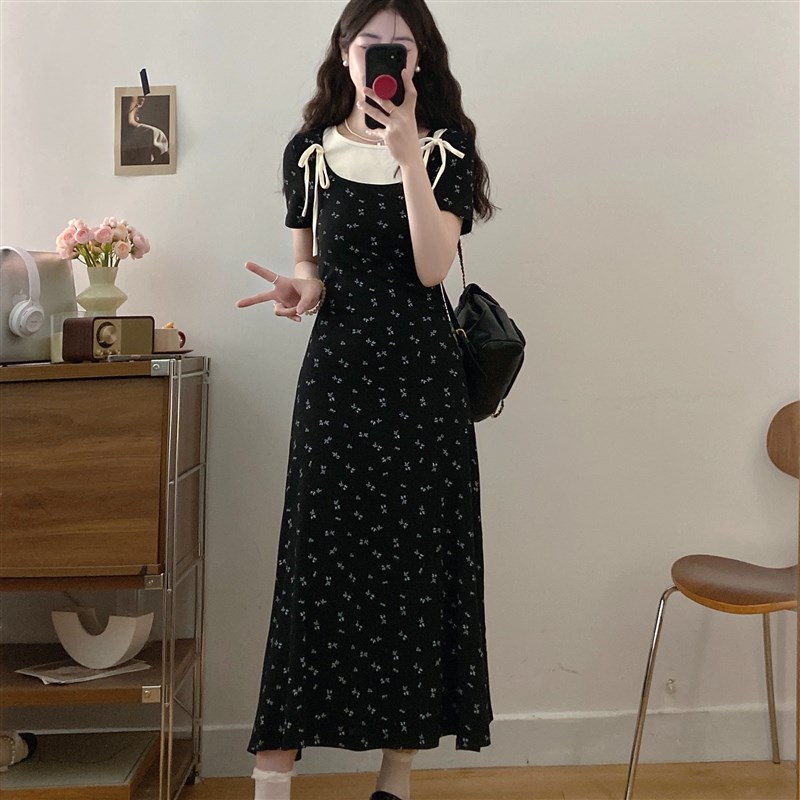 MM谢谢家大码法式假两件拼接碎花连衣裙女夏季新款修身显瘦长裙潮