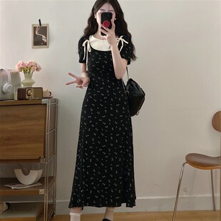 MM谢谢家大码法式假两件拼接碎花连衣裙女夏季新款修身显瘦长裙潮