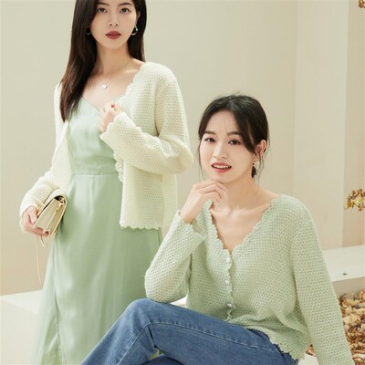 小个子米杏色/绿色钩花波浪形织边针织毛衣开衫女春秋时尚1735